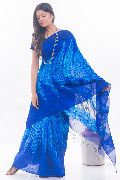 Elegant Bengal Royal Blue Handwoven Matka Silk Shibori Saree Online 