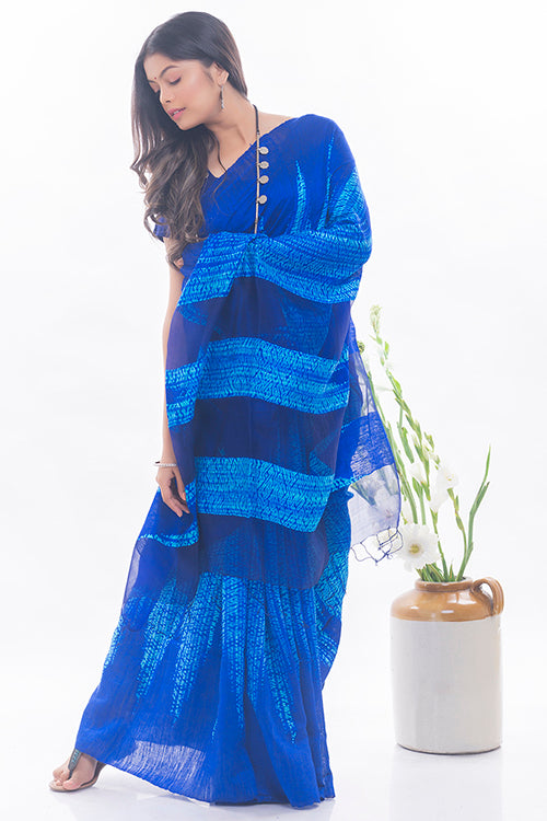 Elegant Bengal Handwoven Matka Silk Shibori Saree - Royal Blue