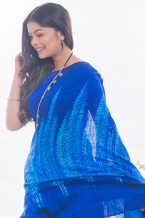 Elegant Bengal Handwoven Matka Silk Shibori Saree - Royal Blue