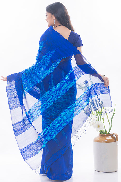 Elegant Bengal Handwoven Matka Silk Shibori Saree - Royal Blue