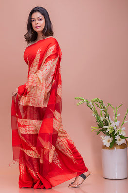 Elegant Bengal Red & White Handwoven Matka Silk Shibori Saree Online 
