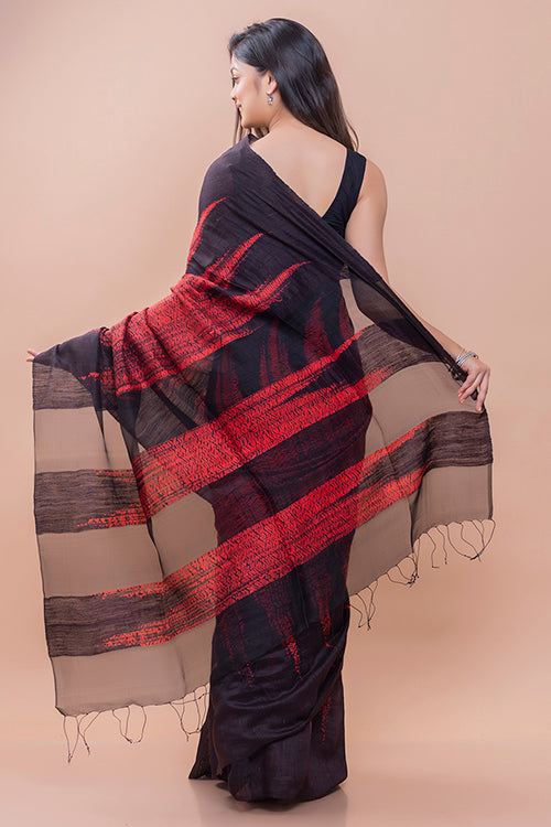 Elegant Bengal Handwoven Matka Silk Shibori Saree - Black & Red