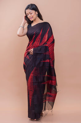 Elegant Bengal Black & Red Handwoven Matka Silk Shibori Saree Online 
