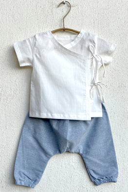 Unisex Organic Essential White Angrakha Top With Blue Chambray Pants