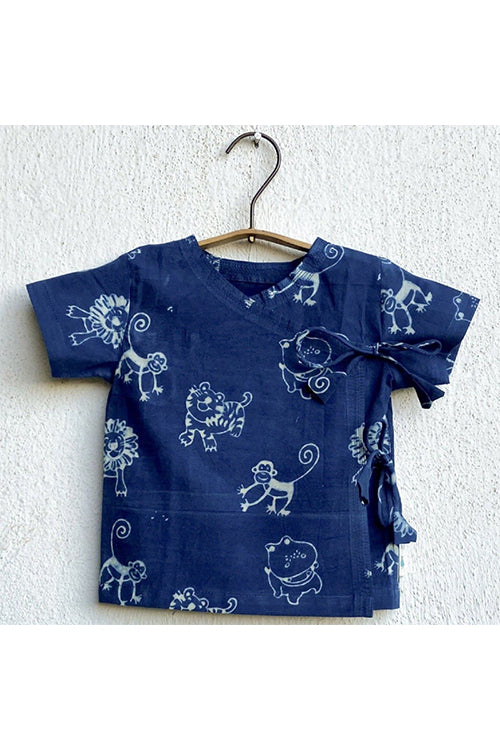 Whitewater Kids Unisex Organic Zoo Print Indigo Angrakha Top With Matching Pants