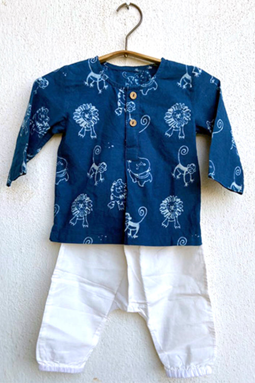 Whitewater Kids Unisex Organic Zoo Print Indigo Kurta Top With White Pants