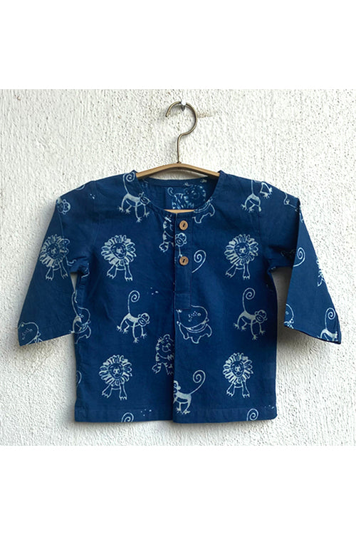 Whitewater Kids Unisex Organic Zoo Print Indigo Kurta Top With White Pants