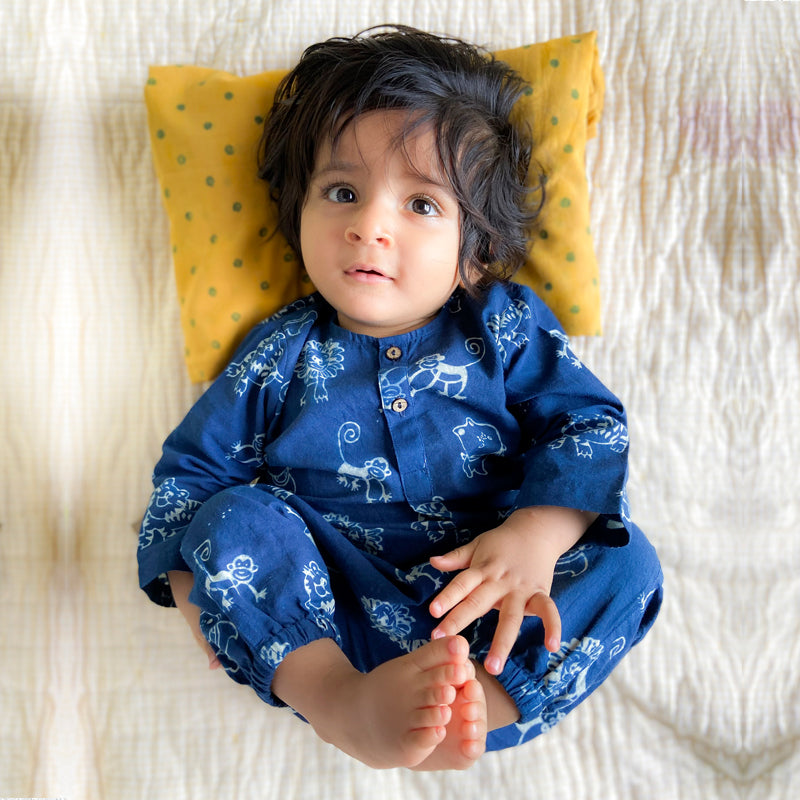 Whitewater Kids Unisex Organic Zoo Print Indigo Kurta Top With Matching Pants