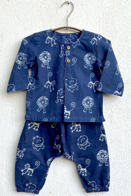 Whitewater Kids Unisex Organic Zoo Print Indigo Kurta Top With Matching Pants