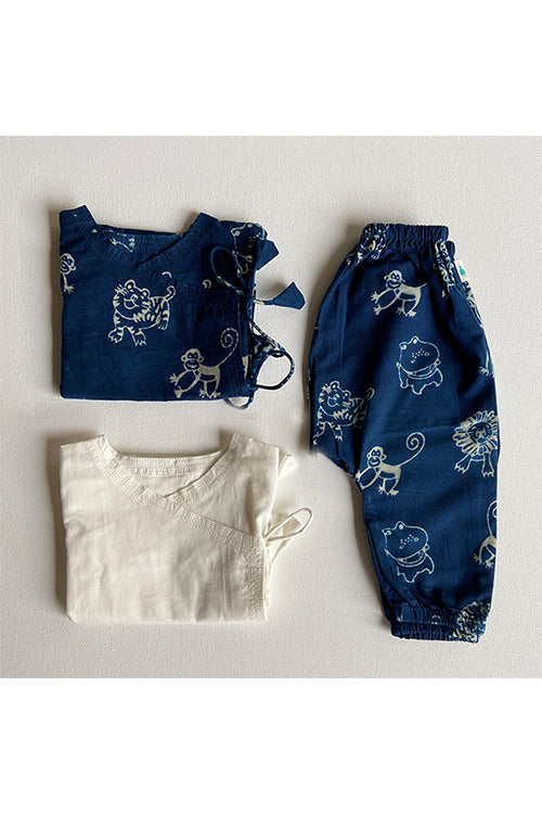 Whitewater Kids Unisex Organic Zoo Bag - Zoo Indigo Print And White Angrakha with Zoo Pants