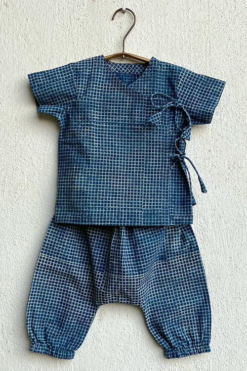Whitewater Kids Unisex Organic Zoo Bag - Yellow Jhabla And Indigo Check Angrakha With Check Pants