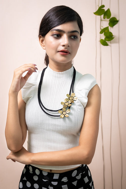 Miharu Black Assymetrical Floral Necklace