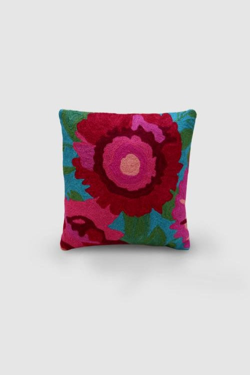  Hand Embroidered Blue and Pink Woollen Cushion Cover 12x12 Online