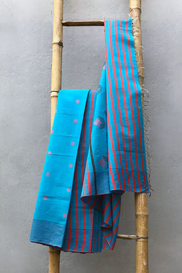 Diya Extra Weft Handwoven Blue Cotton Saree Online