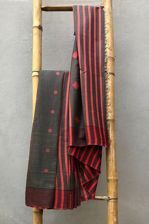 Diya Extra Weft Handwoven Red Black Cotton Saree Online