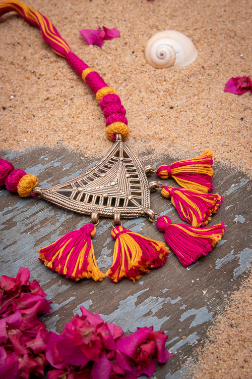 Miharu Pink-Yellow Gold Tone Dhokra Necklace D42c