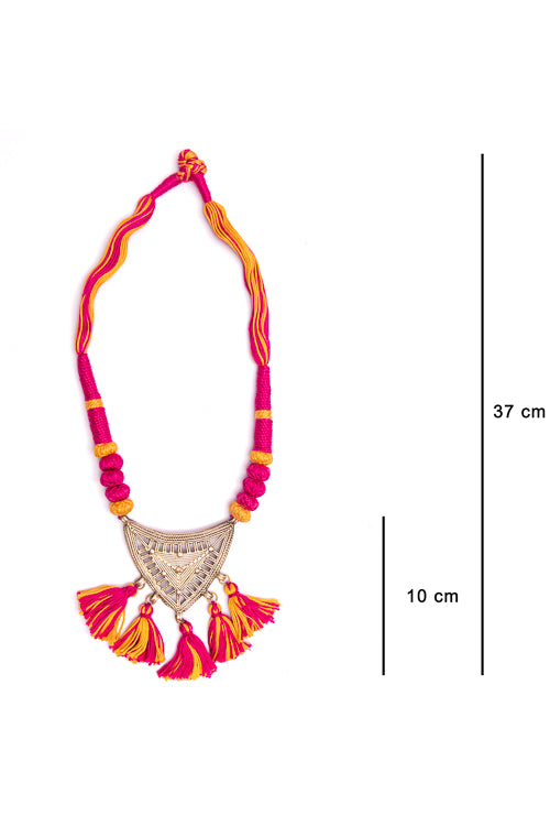 Miharu Pink-Yellow Gold Tone Dhokra Necklace D42c