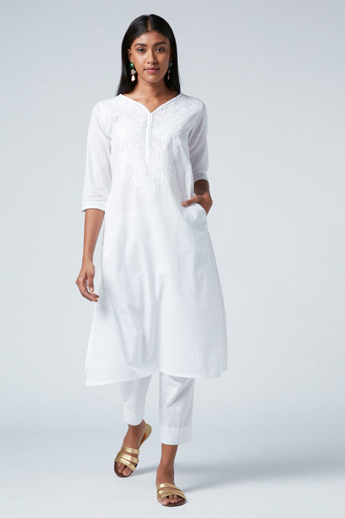  Devi White Pure Cotton Chikankari Kurti For Women Online