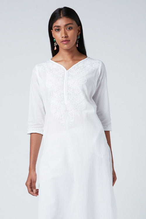  Devi White Pure Cotton Chikankari Kurti For Women Online