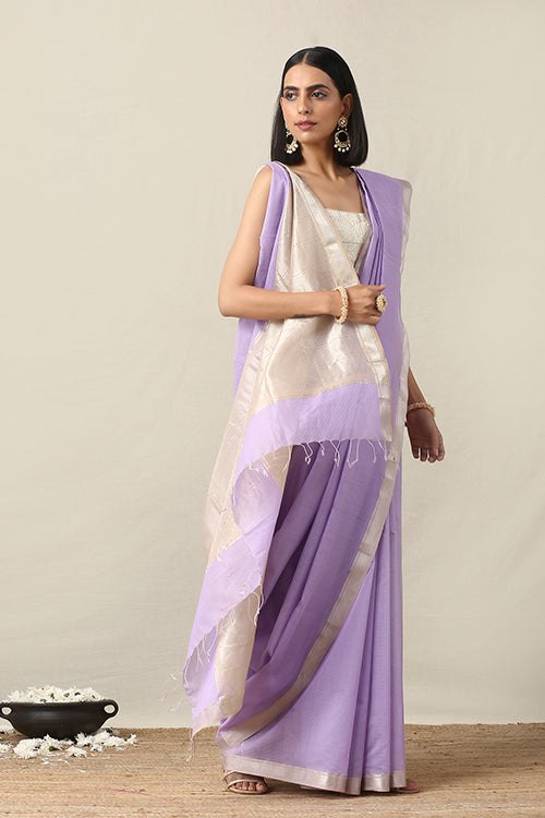 Okhai Cotton Handloom Purple Stripe Maheshwari Silk Saree Online