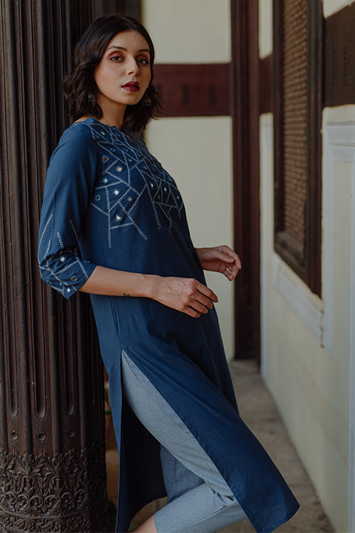 Blue Medley Pure Cotton Printed Indigo Kurta Pant Set For Women Online –  Okhaistore