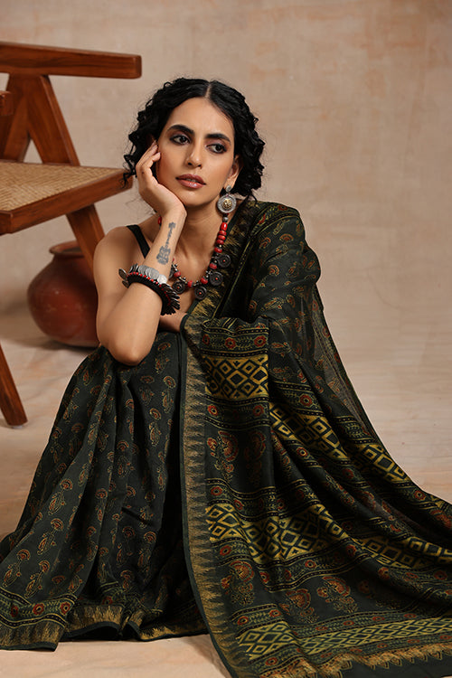 Chanderi Ajrakh Printed Green Saree | Jabbar Khatri
