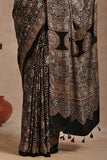 Jahangir Khatri - Traditional Ajrakh Hand Block Print Black Modal Saree With Tassels