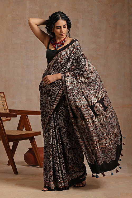 Gorgeous hand print modal silk ajrakh saree - Kutchculture