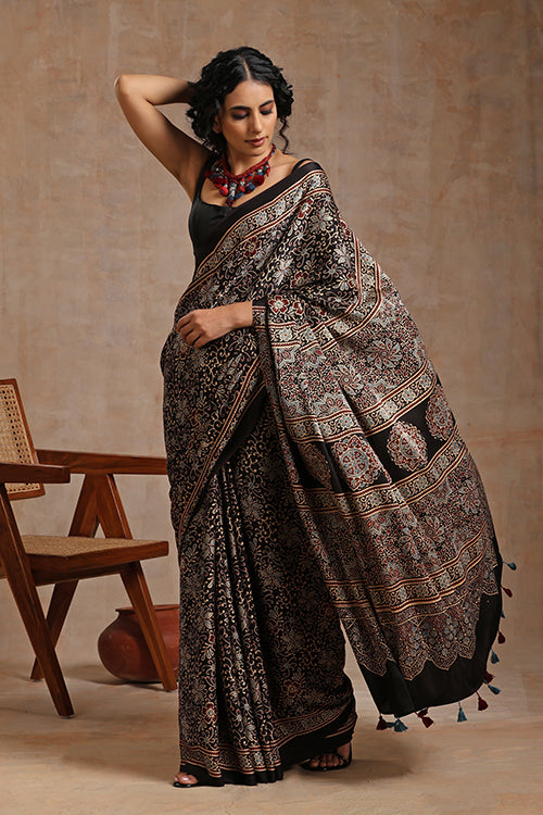 Jahangir Khatri Ajrakh Handblock Print Black Saree With Tassels Online