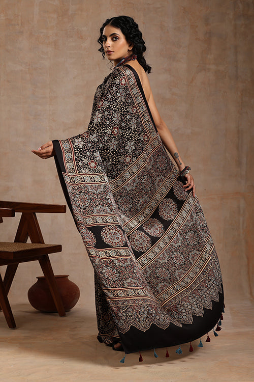 Jahangir Khatri Ajrakh Handblock Print Black Saree With Tassels Online