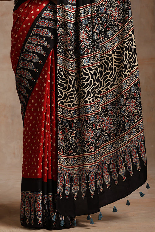 Hand Block Print With Bandhani Red Ajrakh Saree With Tassels Online