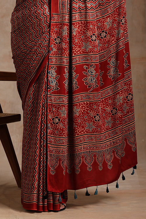 Jahangir Khatri - Traditional Ajrakh Hand Block Print Red Modal Saree With Tassels