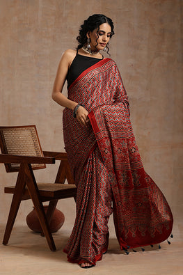 Modal Silk Ajrakh Saree - Byhand I Indian Ethnic Wear Online I Sustainable  Fashion I Handmade Clothes