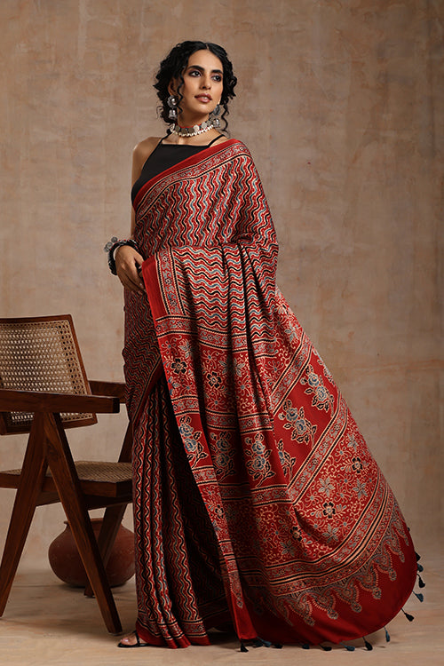 Jahangir Khatri - Red Ajrakh Modal Saree - 008