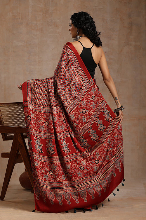 Jahangir Khatri - Red Ajrakh Modal Saree - 008