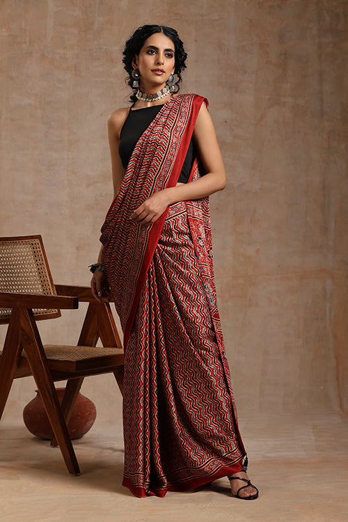 Jahangir Khatri Ajrakh Handblock Print Red Saree With Tassels Online