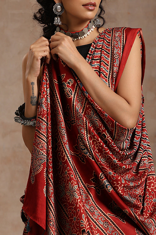 Jahangir Khatri - Red Ajrakh Modal Saree - 008