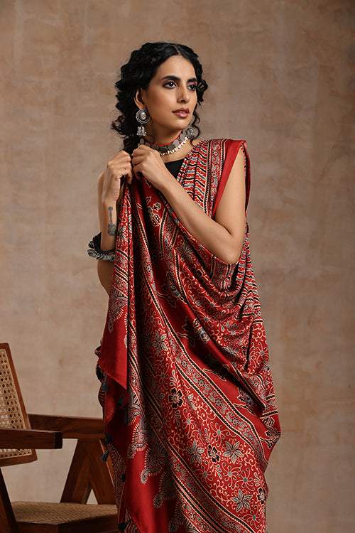 Jahangir Khatri - Red Ajrakh Modal Saree - 008