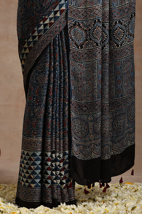 Riyaz Khatri Traditional Ajrakh Hand Block Printed  And Natural Dye Modal Saree