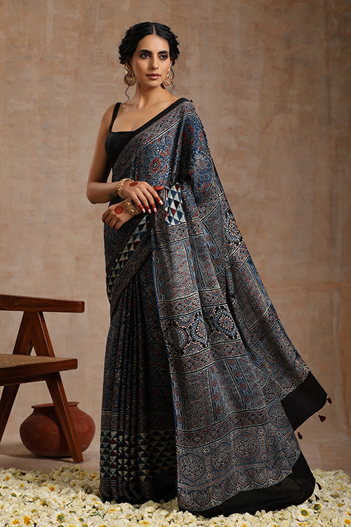 Riyaz Khatri Indigo Blue Ajrakh Hand Block Print Modal Silk Saree Online