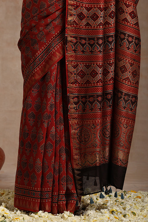 Tenaaro Ajrakh Hand Block Printed Chanderi With Maheshwari Border Saree (Red-2)