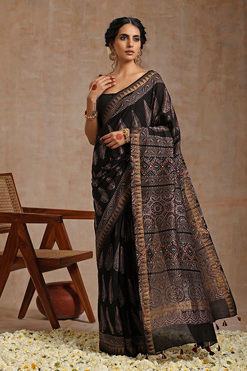 Riyaz Khatri Black Ajrakh Hand Block Print Chanderi Saree Online