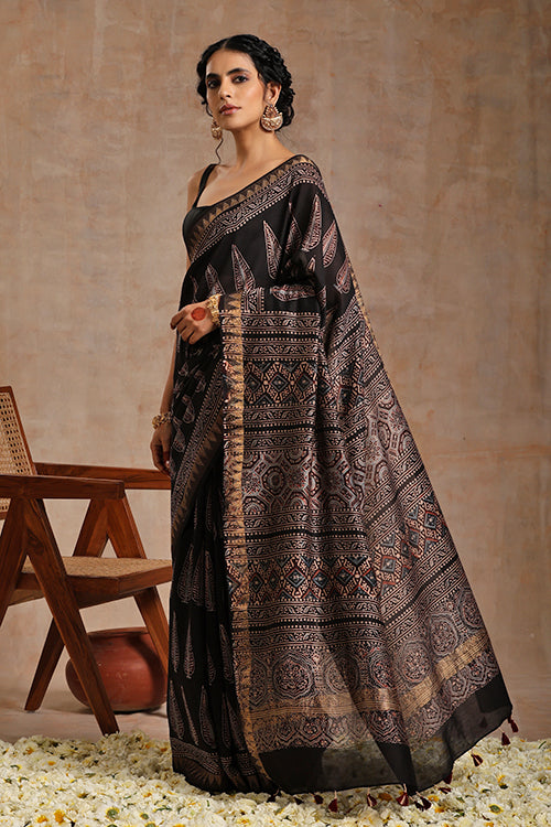 Tenaaro Ajrakh Hand Block Printed   Chanderi With Maheshwari Border Saree (Black-1)