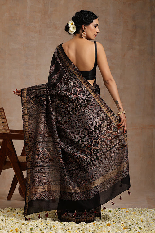 Tenaaro Ajrakh Hand Block Printed   Chanderi With Maheshwari Border Saree (Black-1)