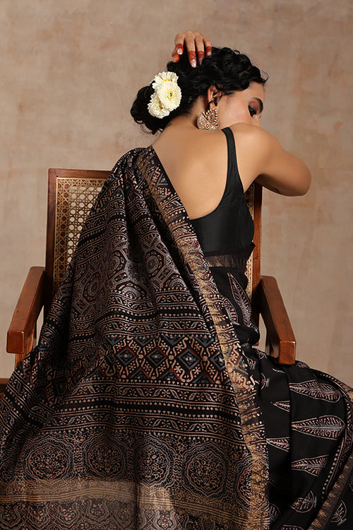 Tenaaro Ajrakh Hand Block Printed   Chanderi With Maheshwari Border Saree (Black-1)