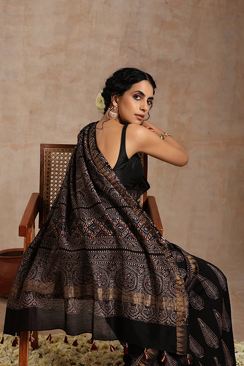 Tenaaro Ajrakh Hand Block Printed   Chanderi With Maheshwari Border Saree (Black-1)