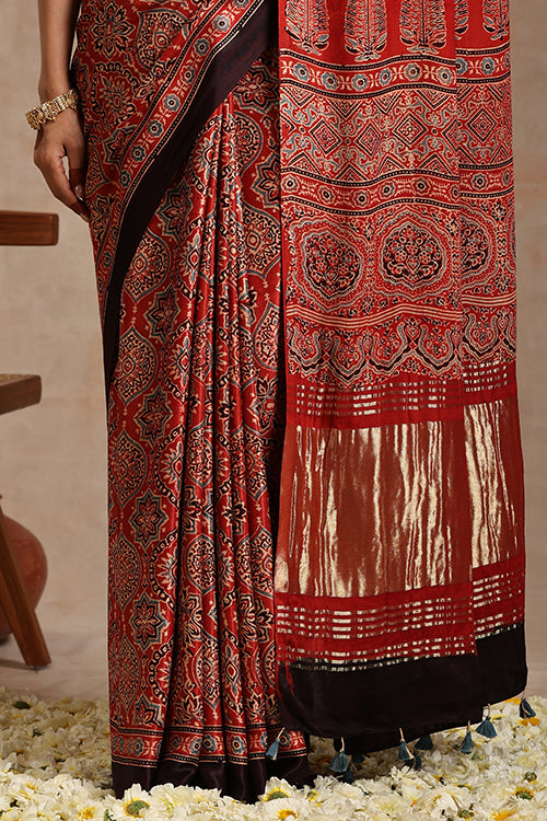 Riyaz Khatri Red Ajrakh Hand Block Print Modal Silk Saree Online