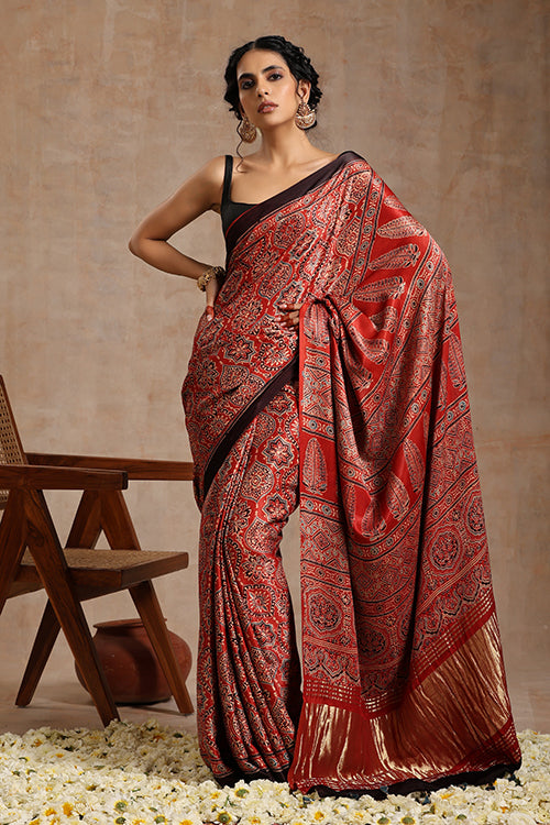 Riyaz Khatri Red Ajrakh Hand Block Print Modal Silk Saree Online