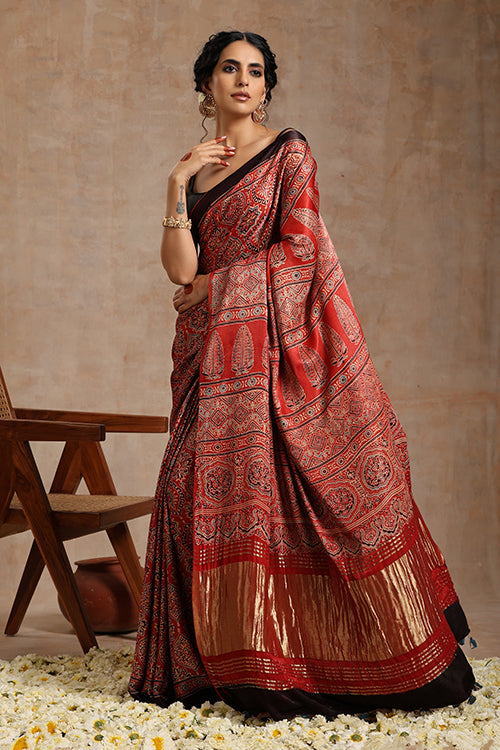 Tenaaro Ajrakh Hand Block Printed   Modal Tissue Pallu Saree (Red-3)