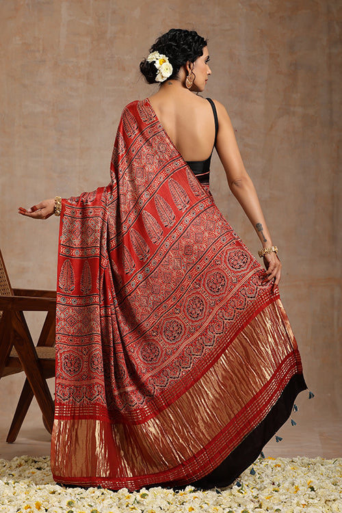 Tenaaro Ajrakh Hand Block Printed   Modal Tissue Pallu Saree (Red-3)